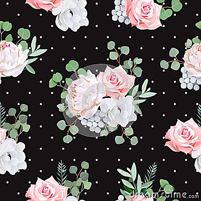 Black pattern with bouquets of rose, peony, anemone, brunia flowers and eucaliptis leaves. Vector Illustration