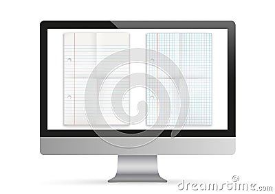 Black PC Monitor Mockup Folded Papers Vector Illustration
