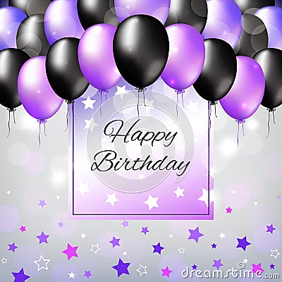 Black and pearl purple colorful balloons. Birthday party decoration. Happy birthday greeting card design with a light background Vector Illustration