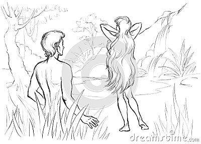 Adam saw Eve. Pencil drawing Stock Photo