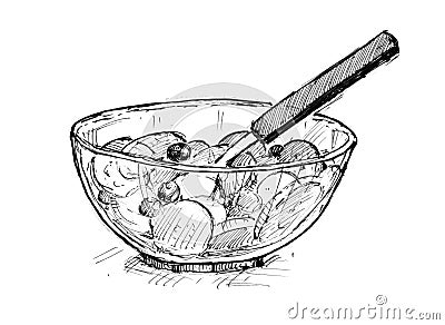 Black Ink Hand Drawing of Small Bowl of Fruit Stock Photo