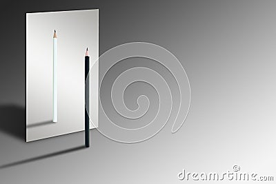 Black pencil standing on gray floor with the reflection in mirror is white pencil. Stock Photo