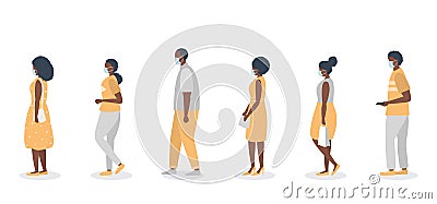 Black people in medical masks stand in line. Men and women keep their distance to stay safe Vector Illustration