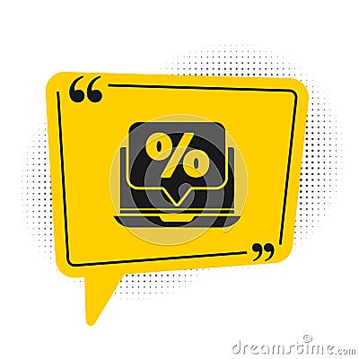Black Percent discount and laptop icon isolated on white background. Sale percentage - price label, tag. Yellow speech Vector Illustration