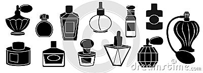 Black perfume bottles. Abstract elegant male cologne bottles, luxury female fragrance sprayer. Vector cologne set Vector Illustration