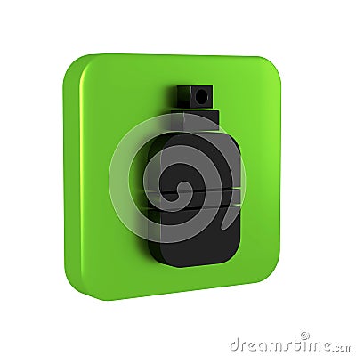 Black Perfume icon isolated on transparent background. Green square button. Stock Photo