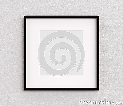 Black picture frame square shape on white wall. Blank Mockup Stock Photo