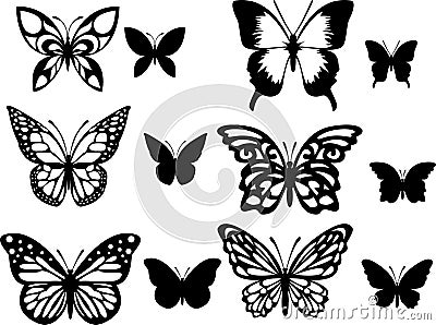 Black pictures of funny butterflies. Insect butterfly, winged gorgeous animal Vector Illustration