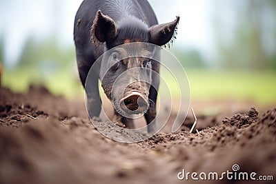 black pig rooting in damp soil Stock Photo