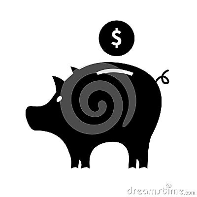 Black piggy bank icon isolated on white background. Vector Illustration