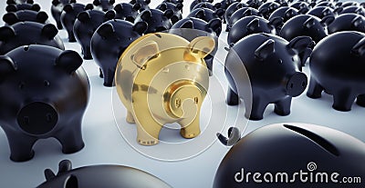 Black piggy banks with golden piggy bank Cartoon Illustration
