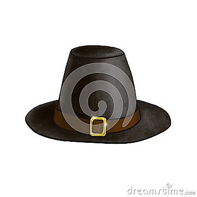 Black Pilgrim hat isolated on white background. Digital imitation of pastel illustration dark headdress with brown belt Cartoon Illustration