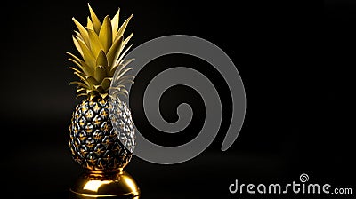 Black pineapple on golden stand isolated on dark bacground with copy space Stock Photo