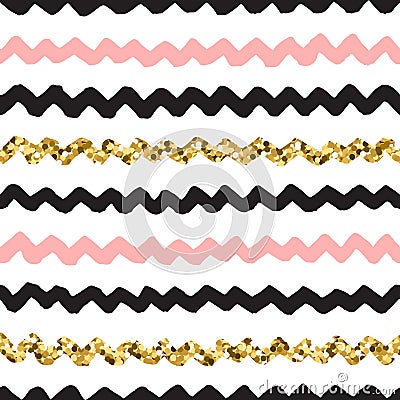 Black, pink and gold hand drawn doodle vector zigzag pattern. Vector Illustration