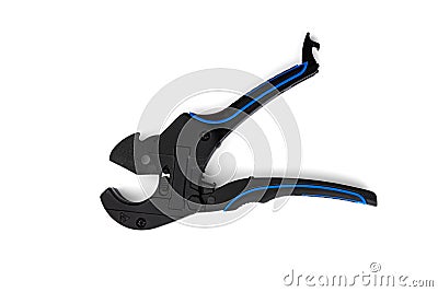 Black pipe cutter for PVC pipes on white background. Stock Photo