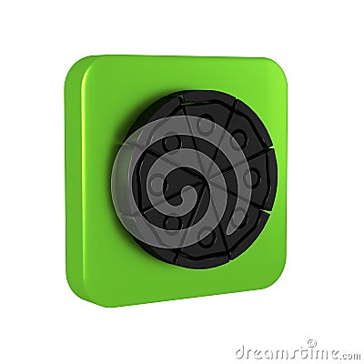 Black Pizza icon isolated on transparent background. Fast food menu. Green square button. Stock Photo