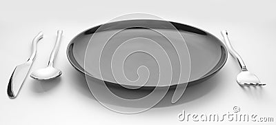 Black place setting with plate knife fork and spoon Stock Photo