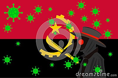 Black plague doctor surrounded by viruses with copy space with ANGOLA flag Vector Illustration