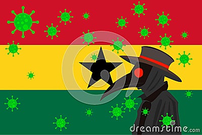 Black plague doctor surrounded by viruses with copy space with GHANA flag Vector Illustration