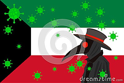 Black plague doctor surrounded by viruses with copy space with KUWAIT flag Vector Illustration