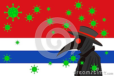 Black plague doctor surrounded by viruses with copy space with SAN BARTOLOME flag Stock Photo