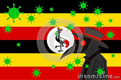 Black plague doctor surrounded by viruses with copy space with UGANDA flag Vector Illustration