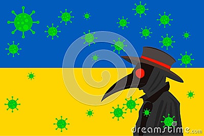 Black plague doctor surrounded by viruses with copy space with UKRAINE flag Vector Illustration