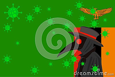 Black plague doctor surrounded by viruses with copy space with ZAMBIA flag Stock Photo