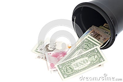 Black plastic bucket filled with money on white Editorial Stock Photo