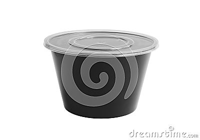 Black Plastic Bucket Shape Bowl Clear Cap isolated on white background with clipping paths Stock Photo