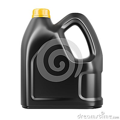 Black plastic canister with engine oil. Front view. Cartoon Illustration