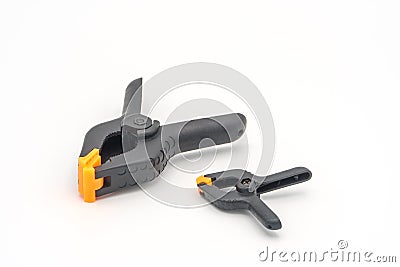 Black plastic clamps for joinery and photography Stock Photo