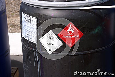 Black plastic drum with hazardous waste Stock Photo