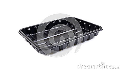 Black Plastic food container on white background, plastic packing food tray isolated Stock Photo