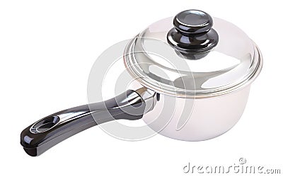 Black plastic handle closed round stainless pot Stock Photo