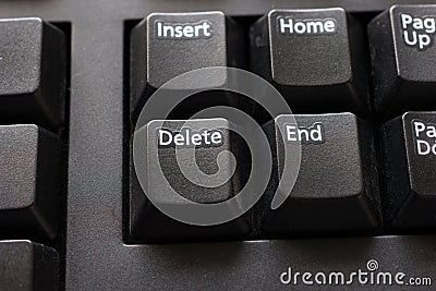 Black plastic standard English computer keyboard close up macro shot top side view delete button Stock Photo