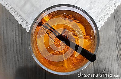 Black plastic straw in a clearglass with Aperol Spritz Stock Photo