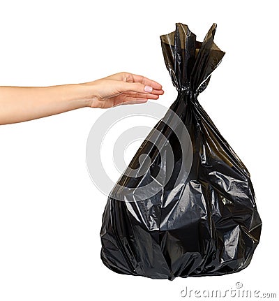 Black plastic trash bag, tied junk pack, garbage package Stock Photo
