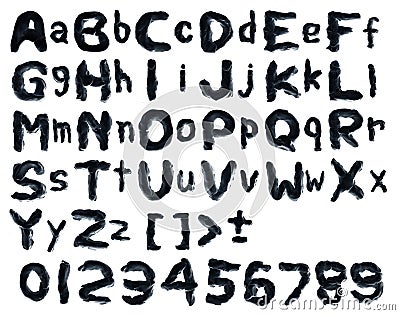 Black plasticine alphabet with numbers, isolated. Stock Photo