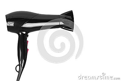 Black plastick hair dryer with pink buttons. Isolated on white background. Home appliance, heat air blower for salon. Copy space Stock Photo
