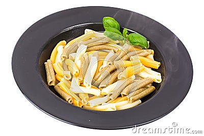 Black plate with macaroni isolated on white Stock Photo