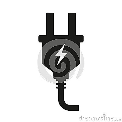 Black plug with two conectors and a lightning sign on a white background Vector Illustration