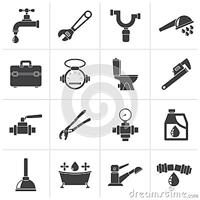 Black plumbing objects and tools icons Vector Illustration