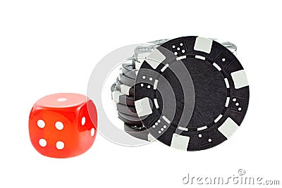 Black poker chips and red dice cube isolated Stock Photo