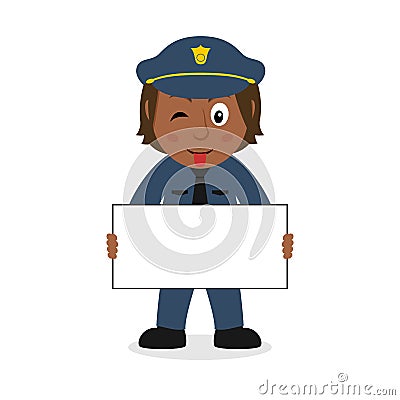 Black Policewoman Character with Banner Vector Illustration