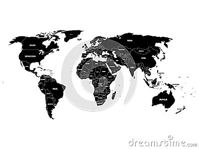 Black political World map with country borders and white state name labels. Hand drawn simplified vector illustration Vector Illustration