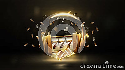Black poster with casino slot machine, dice, black playing cards and gold neon ring on background Vector Illustration