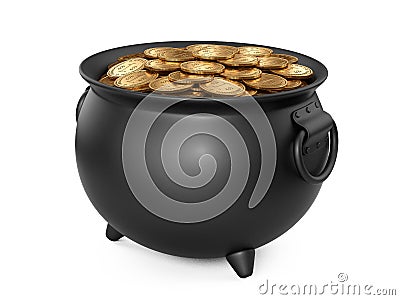 Black pot of gold. Cauldron Full of Coins. Stock Photo