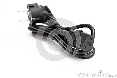 black power cable for PC, monitor, equipment on white background. Stock Photo