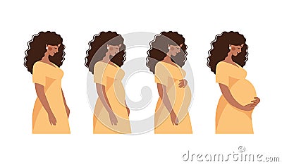 Black pregnant woman, pregnancy trimester, infographic with mom to prepare for childbirth. Pregnancy flat vector Vector Illustration